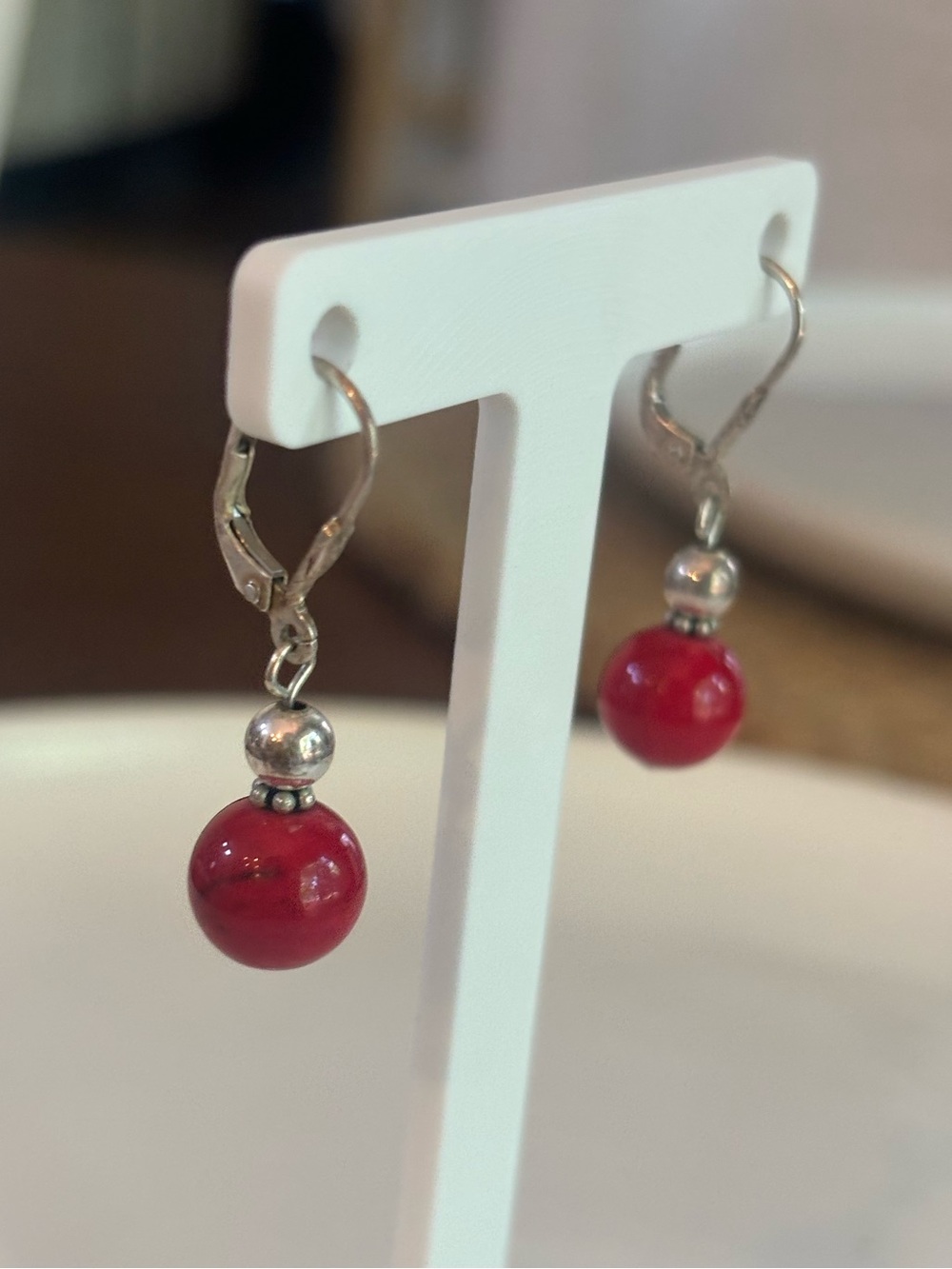Vintage Sterling Silver 925 Red Coral Ball Bead Leverback Drop Earrings 1" 10mm